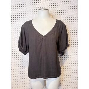 Velvet by Graham & Spencer | Washed Black 100% Linen Puff Sleeve V-Neck Top